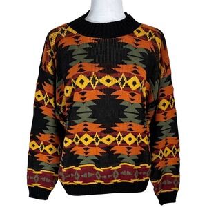 Vintage Southwestern Aztec Knit Sweater Size M Cozy Boho Western Cabin USA 90s